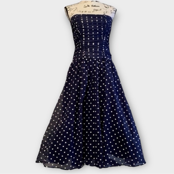 Vintage Navy Blue Polka Dot Strapless Fit and Flare Swing Dress - Picture 6 of 12